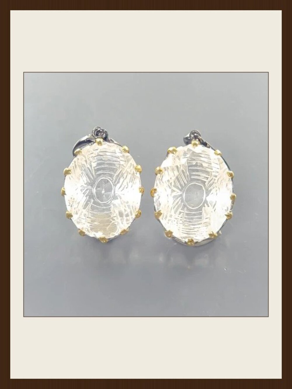 EARRINGS 70CT Natural Quartz Carved 925 Black Rhodium with Gold Plating